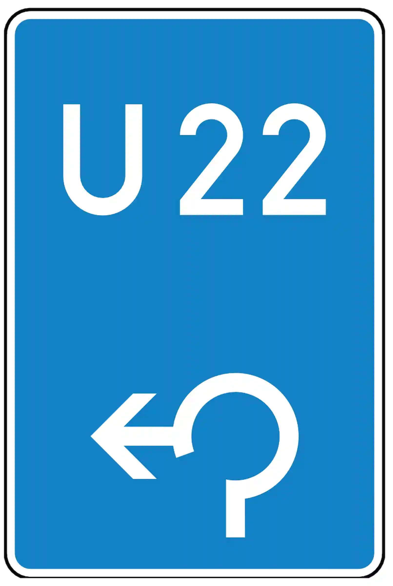 Verkehrszeichen 460-13: Bedarfsumleitung im Kreisverkehr, links. Weißer Richtungspfeil auf blauem Grund mit Umleitungsnummer – leitet bei Stau oder Sperrung im Kreisverkehr auf eine Ausweichstrecke.