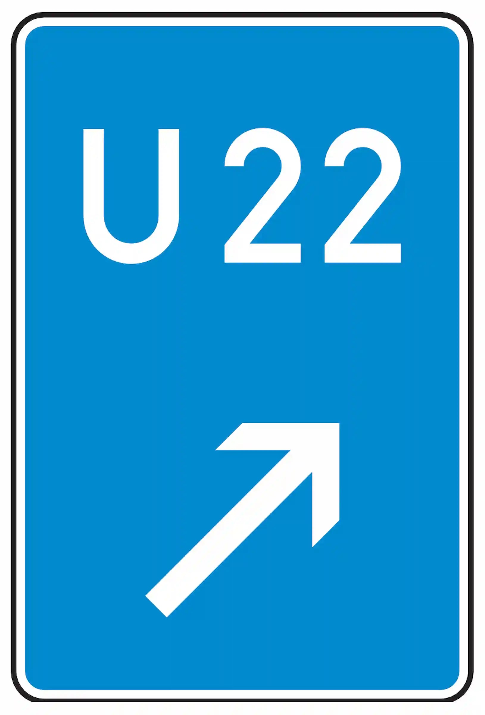 Verkehrszeichen 460-22: Bedarfsumleitung – rechts einordnen. Blaues Schild mit weißem Pfeil und Nummer, weist bei Stau oder Sperrung auf eine alternative Route hin.