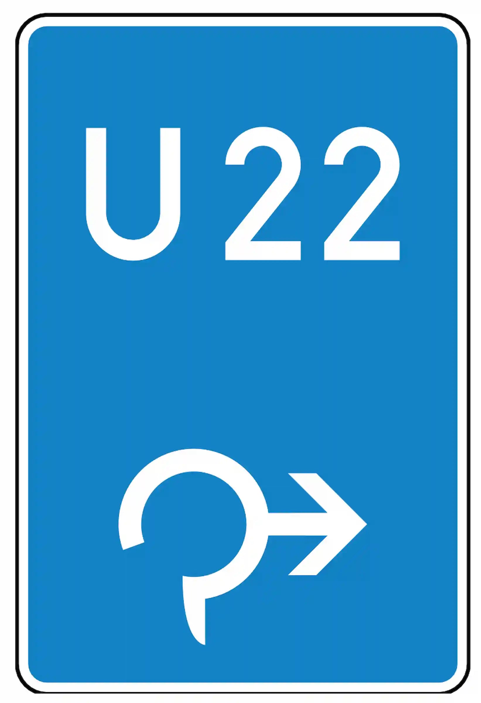 Verkehrszeichen 460-23: Bedarfsumleitung im Kreisverkehr, rechts. Blaues Schild mit weißem Richtungspfeil und Umleitungsnummer – zeigt Autobahnfahrern eine alternative Route bei Sperrung oder Stau.
