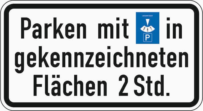Verkehrszeichen "Parken mit Parkscheibe in gekennzeichneten Flächen … Stunden" - VZ 1040-33