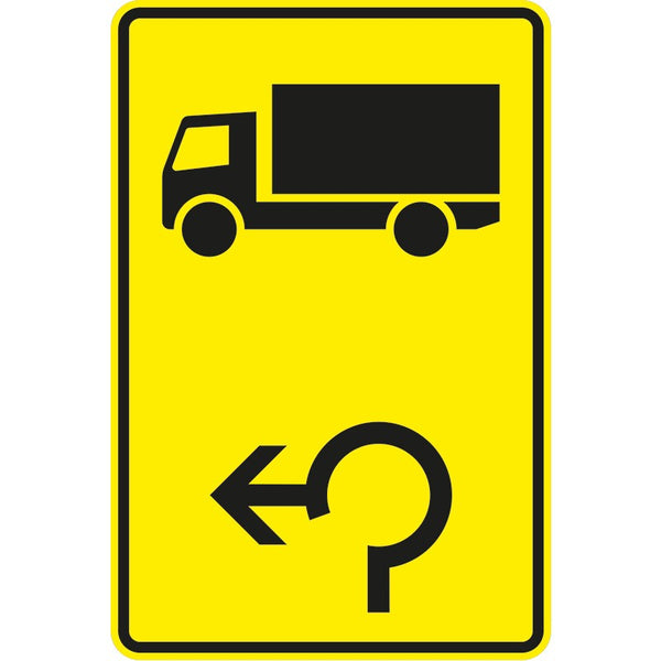 Verkehrszeichen 442-14 „Vorwegweiser für KFZ mit einer zulässigen Masse über 3,5 t im Kreisverkehr, linksweisend“- VZ 442-14