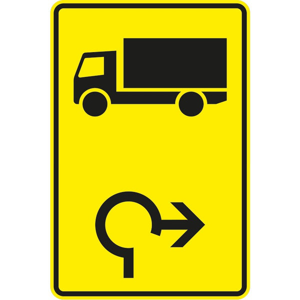 Verkehrszeichen 442-24 „Vorwegweiser für KFZ mit einer zulässigen Masse über 3,5t im Kreisverkehr, rechtsweisend“- 442-24