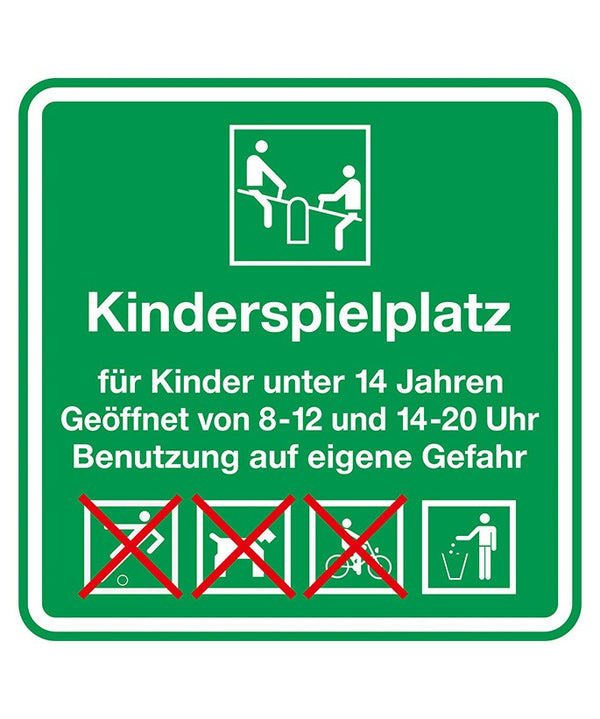 Verkehrszeichen "Spielplatzschild "Kinderspielplatz" mit Hinweispiktogrammen"