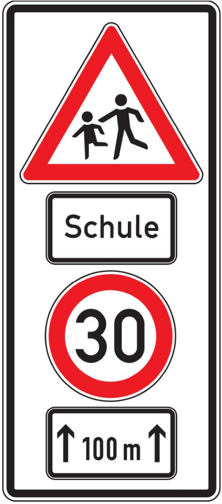 Verkehrszeichen "Schulwegschild (Bild 136-10 mit Text "Schule" und Geschwindigkeit "30")"
