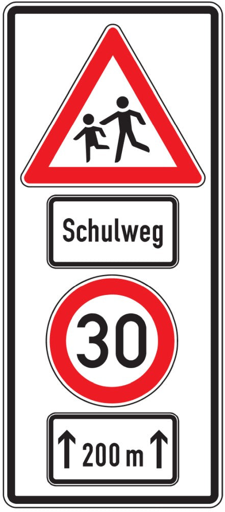 Verkehrszeichen "Schulwegschild (Bild 136-10 mit Text "Schulweg" und Geschwindigkeit "30")"