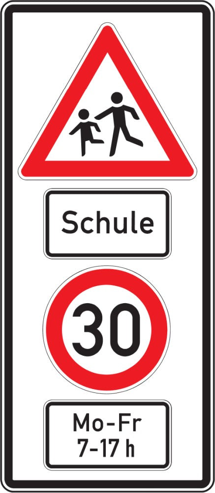 Verkehrszeichen "Schulwegschild (Bild 136-10 mit Text "Schule", Geschwindigkeit "30" und zeitlicher Begrenzung)"